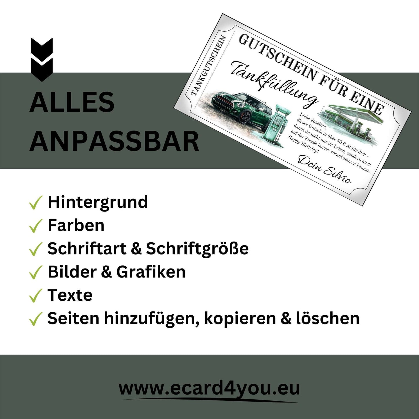Tankgutschein MINI Cooper – anpassbarer Gutschein mit Eigenschaften wie Farben, Schriftarten, Bildern und Texten.