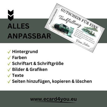 Tankgutschein MINI Cooper – anpassbarer Gutschein mit Eigenschaften wie Farben, Schriftarten, Bildern und Texten.