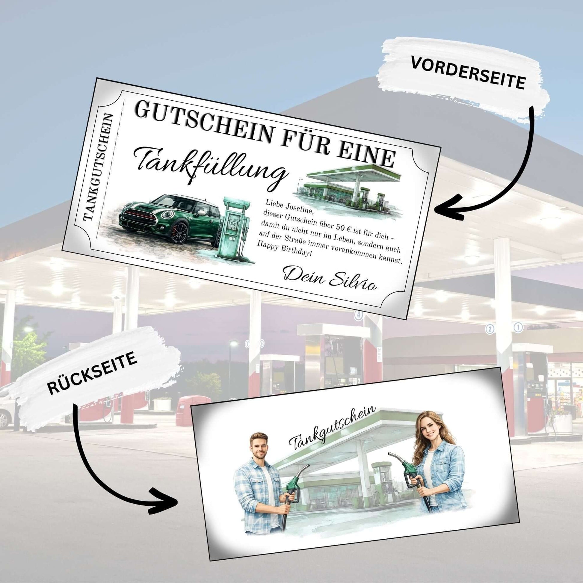 Tankgutschein MINI Cooper für eine Tankfüllung, personalisiert mit einzigartigem Design und Illustration, ideal für MINI-Fans.