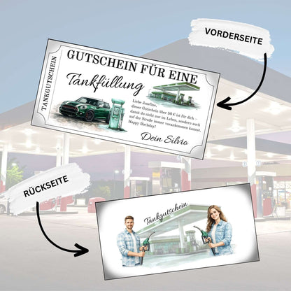 Tankgutschein MINI Cooper für eine Tankfüllung, personalisiert mit einzigartigem Design und Illustration, ideal für MINI-Fans.