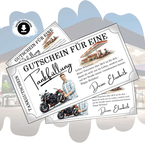 Tankgutschein Motorrad – Geschenkgutschein für Biker, ideal für Geburtstage oder besondere Anlässe.