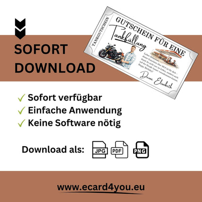 Tankgutschein für Motorradfahrer, sofort downloadbarer Gutschein für eine Tankfüllung.