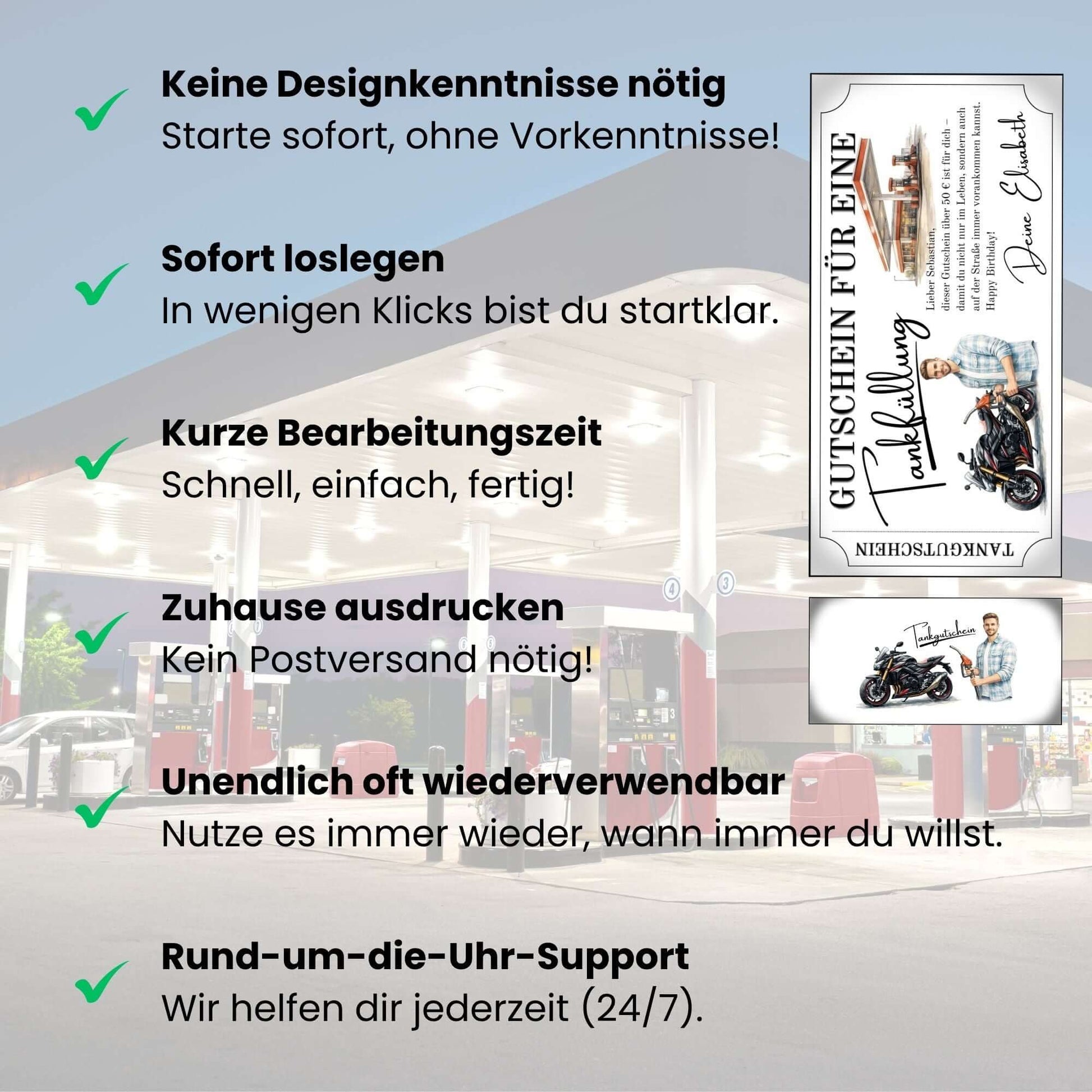 Tankgutschein Motorrad – praktische Geschenkoption für Biker mit sofortiger Nutzung und unbegrenzter Wiederverwendbarkeit.