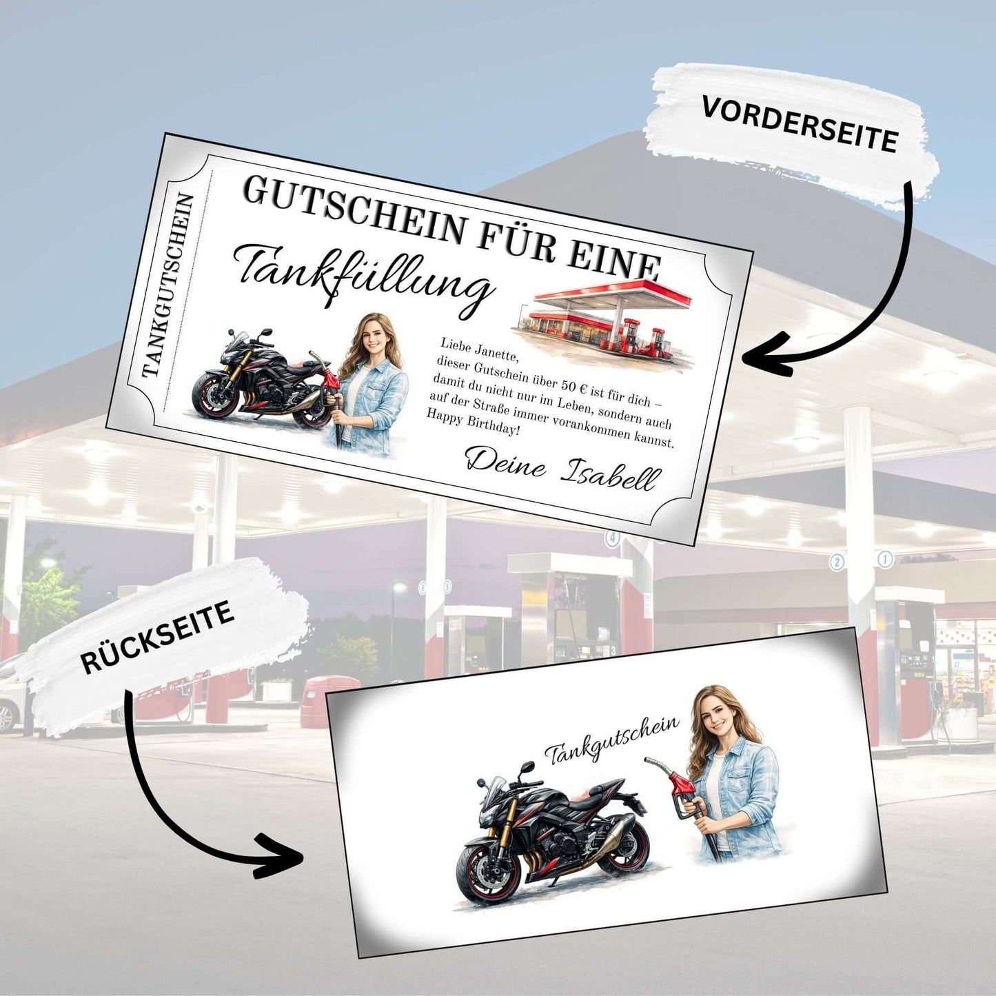 Tankgutschein für Frauen – Gutschein für eine Tankfüllung mit Motorradmotiv und Bikerin auf der Vorderseite und Rückseite.