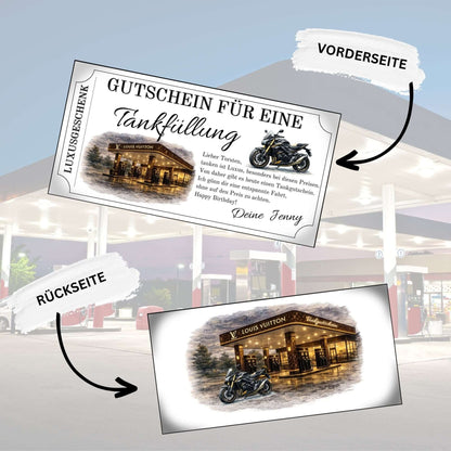 Tankgutschein Louis Vuitton Motorrad – Luxus Gutschein für eine Tankfüllung an einer stylischen Tankstelle.