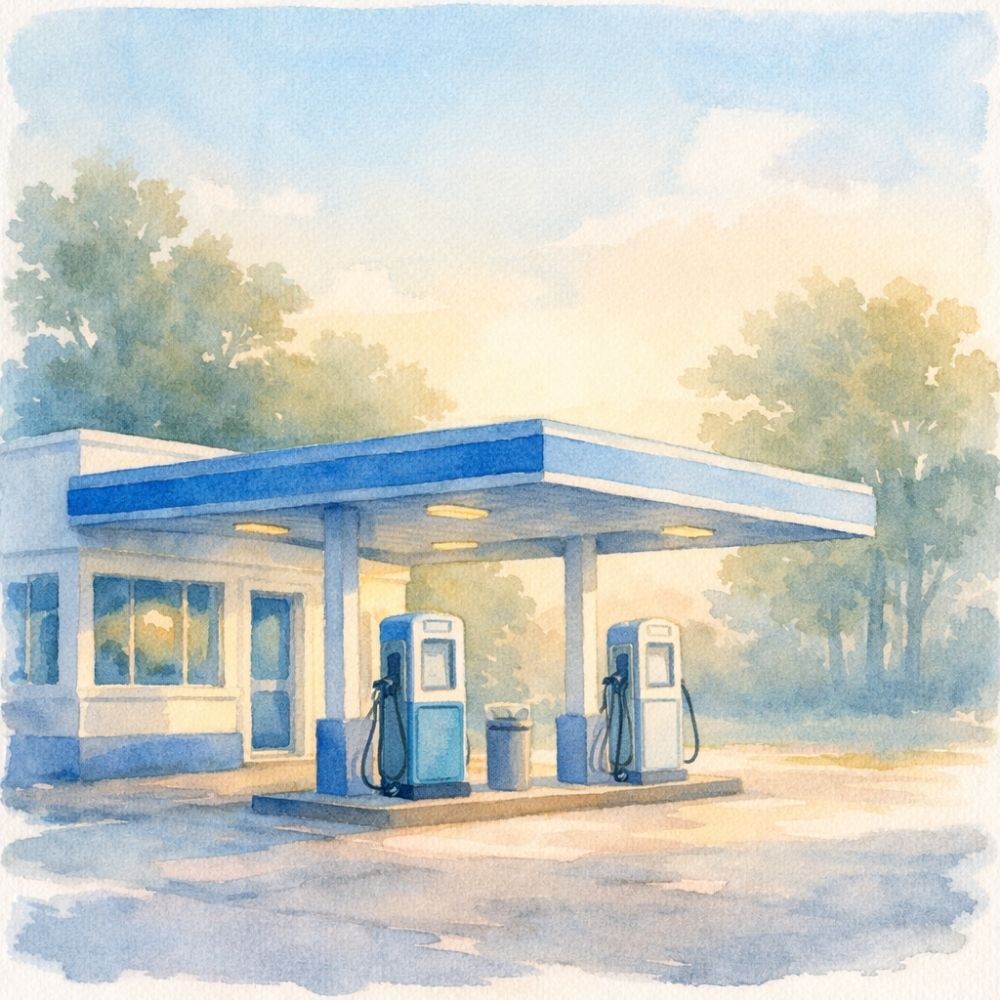 Aquarellillustration einer klassischen Tankstelle in Blau-Weiß – stimmungsvolles Motiv für einen personalisierbaren Tankgutschein zum Ausdrucken