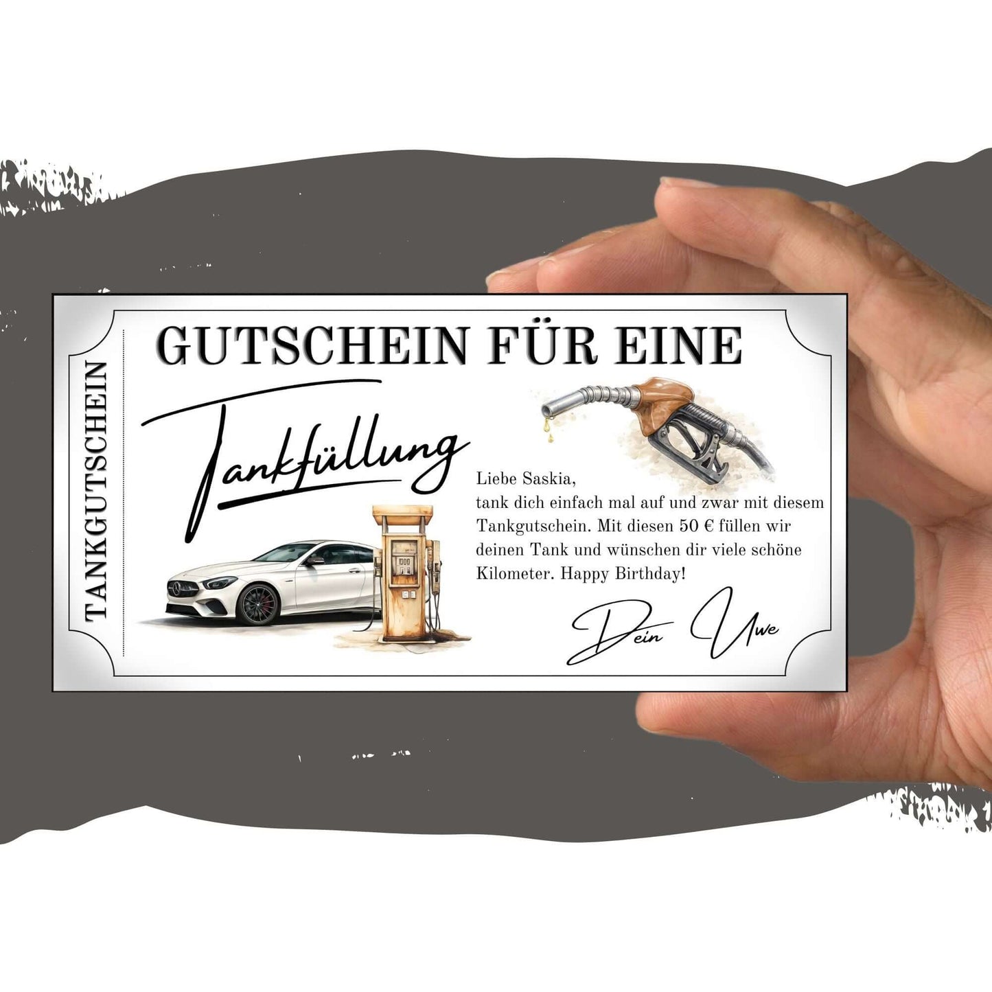 Tankgutschein für eine Tankfüllung als Geschenk, personalisierbar, edel, funktional, Geburtstag