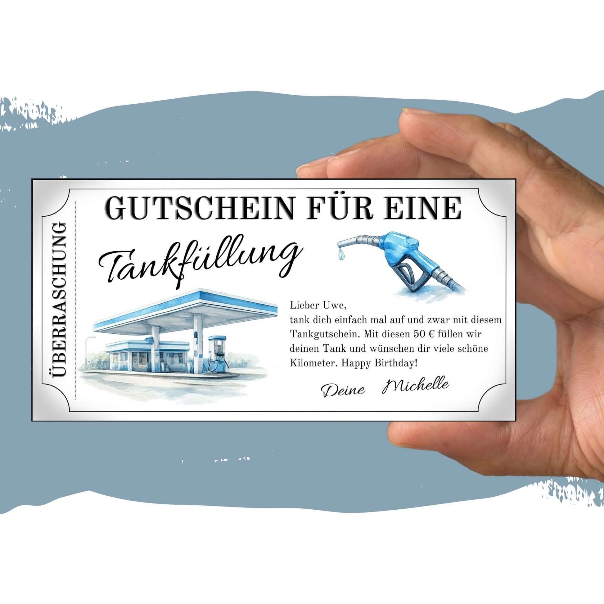 Tankgutschein zum Ausdrucken, personalisierbar, für eine Tankfüllung, ideales Geschenk.