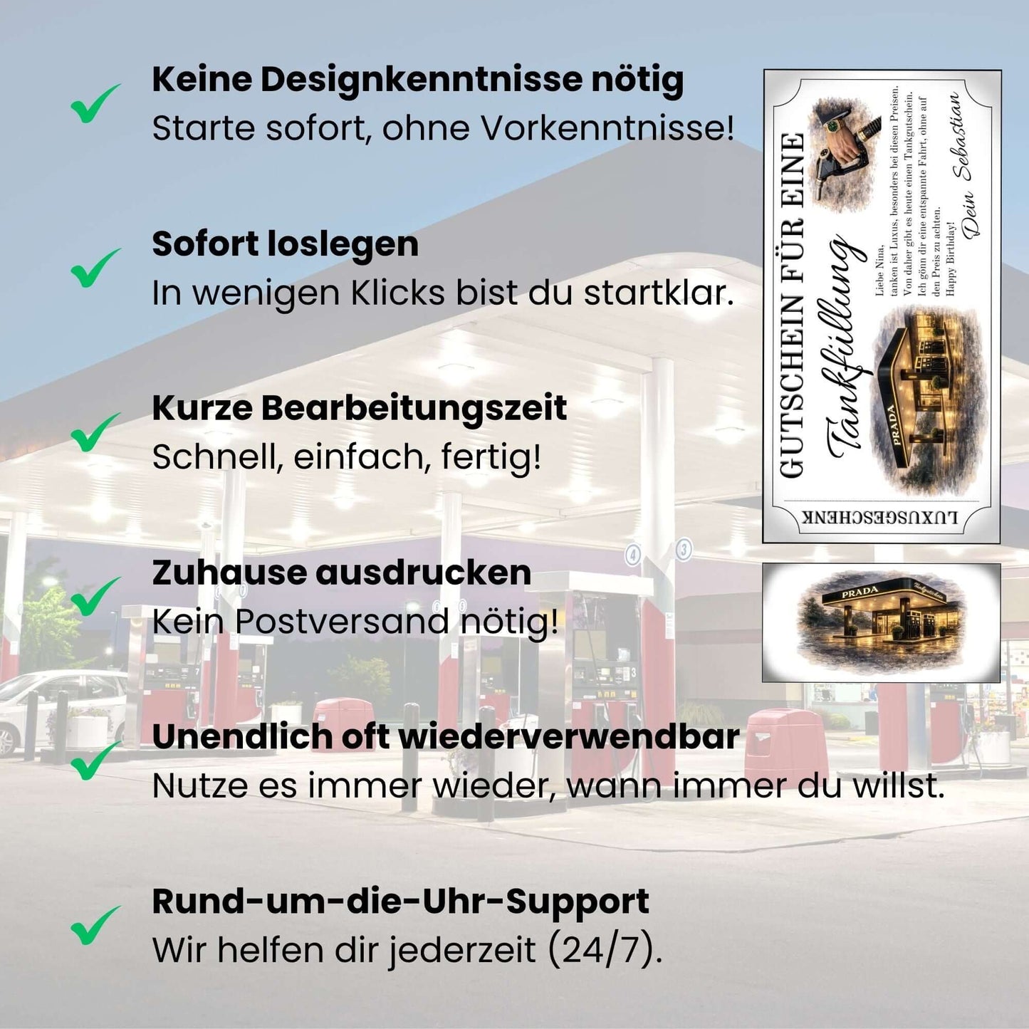 Tankgutschein Luxusgeschenk mit Vorteilen, Gutschein für eine Tankfüllung, sofort druckbar und einfach ausdrucken.
