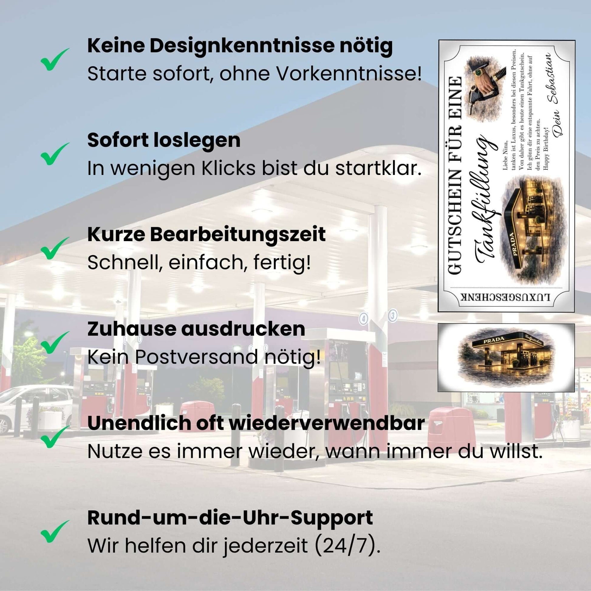 Tankgutschein Luxusgeschenk mit Vorteilen, Gutschein für eine Tankfüllung, sofort druckbar und einfach ausdrucken.