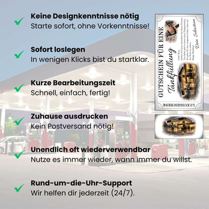 Tankgutschein Luxusgeschenk mit Vorteilen, Gutschein für eine Tankfüllung, sofort druckbar und einfach ausdrucken.