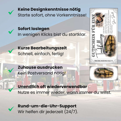 Luxus Tankgutschein – Gold, edel & personalisierbar mit Vorteilen wie einfacher Nutzung und rund-um-die-Uhr-Support.