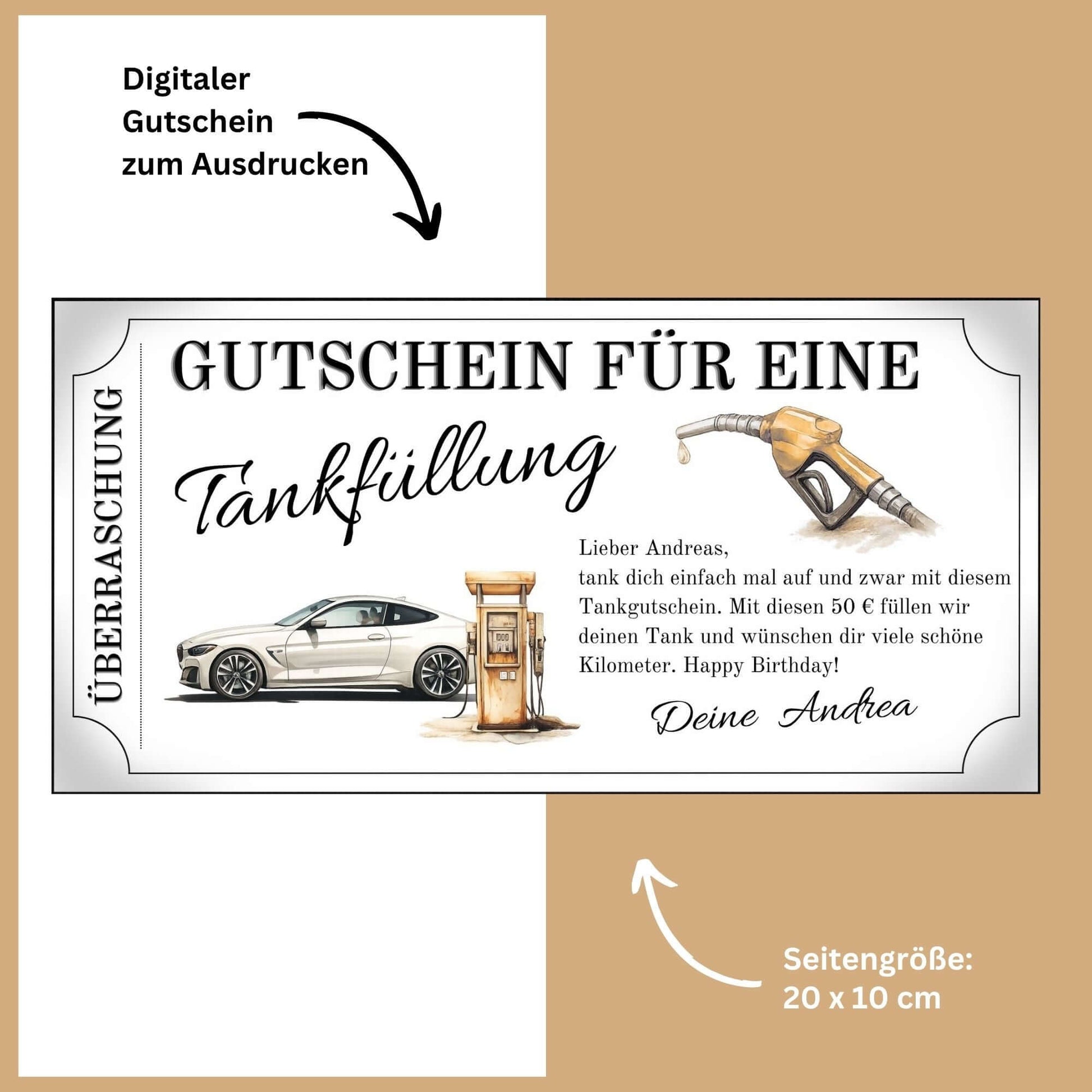 Tankgutschein für Männer – digitaler Gutschein für eine Tankfüllung, ideal als Geschenk für Autofahrer.