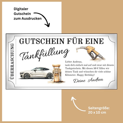 Tankgutschein für Männer – digitaler Gutschein für eine Tankfüllung, ideal als Geschenk für Autofahrer.