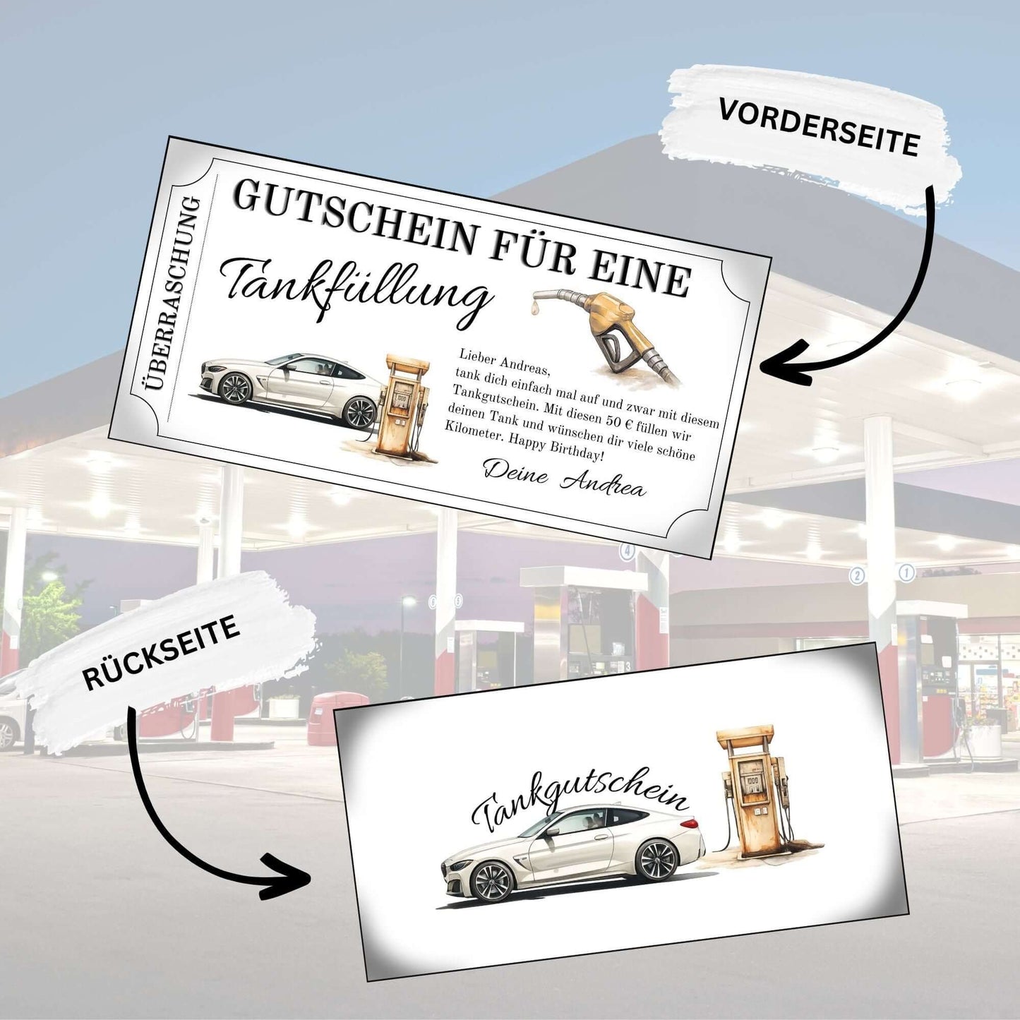Tankgutschein für Männer als Geschenk – Vorder- und Rückseite eines Tankfüllung Gutscheins an einer Tankstelle