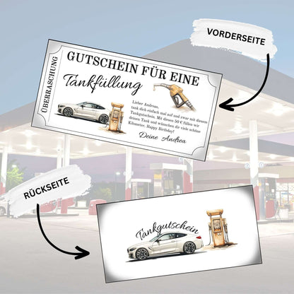 Tankgutschein für Männer als Geschenk – Vorder- und Rückseite eines Tankfüllung Gutscheins an einer Tankstelle