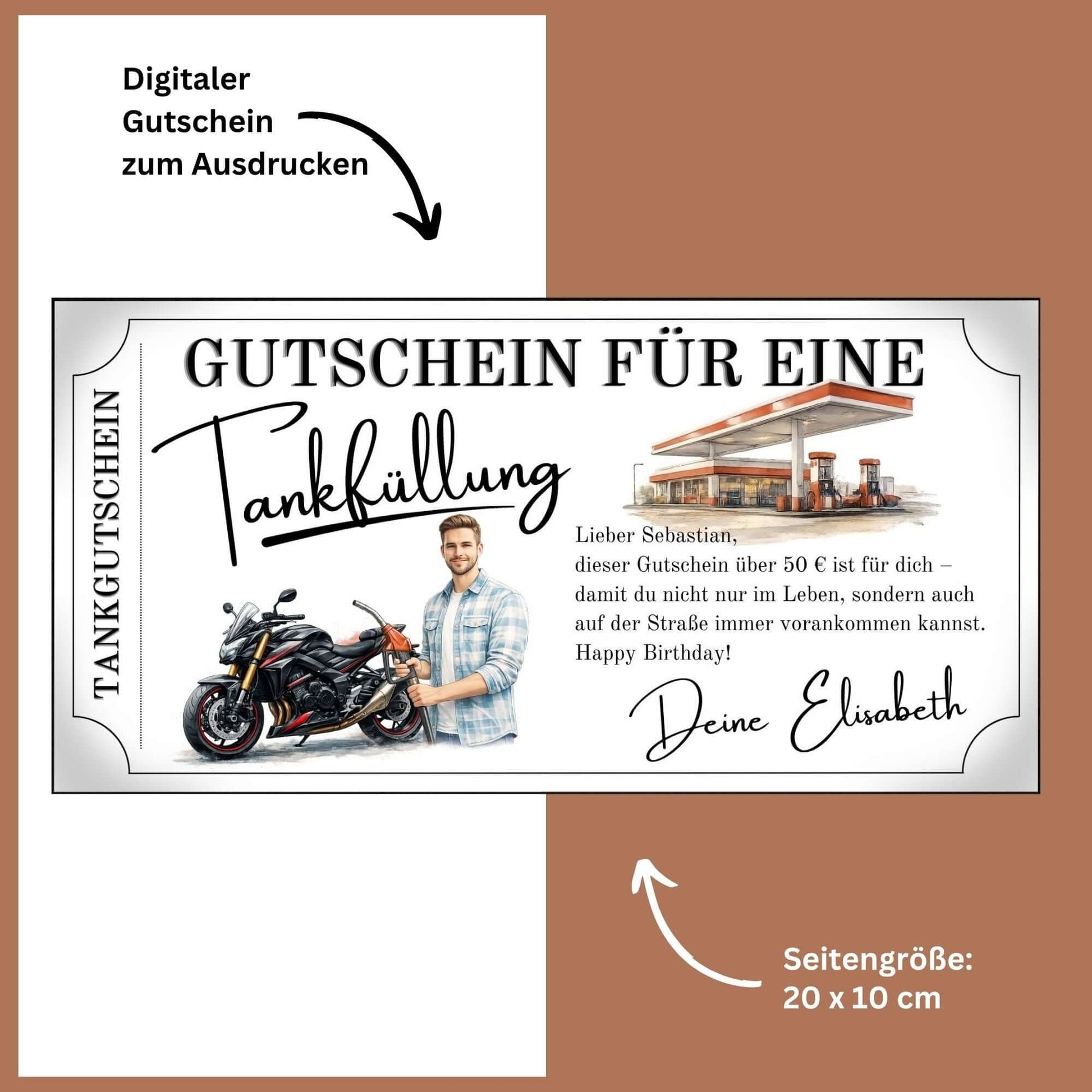 Digitaler Tankgutschein Motorrad für Biker – Geschenk zum Ausdrucken, ideal für Fahrer wie Sebastian.