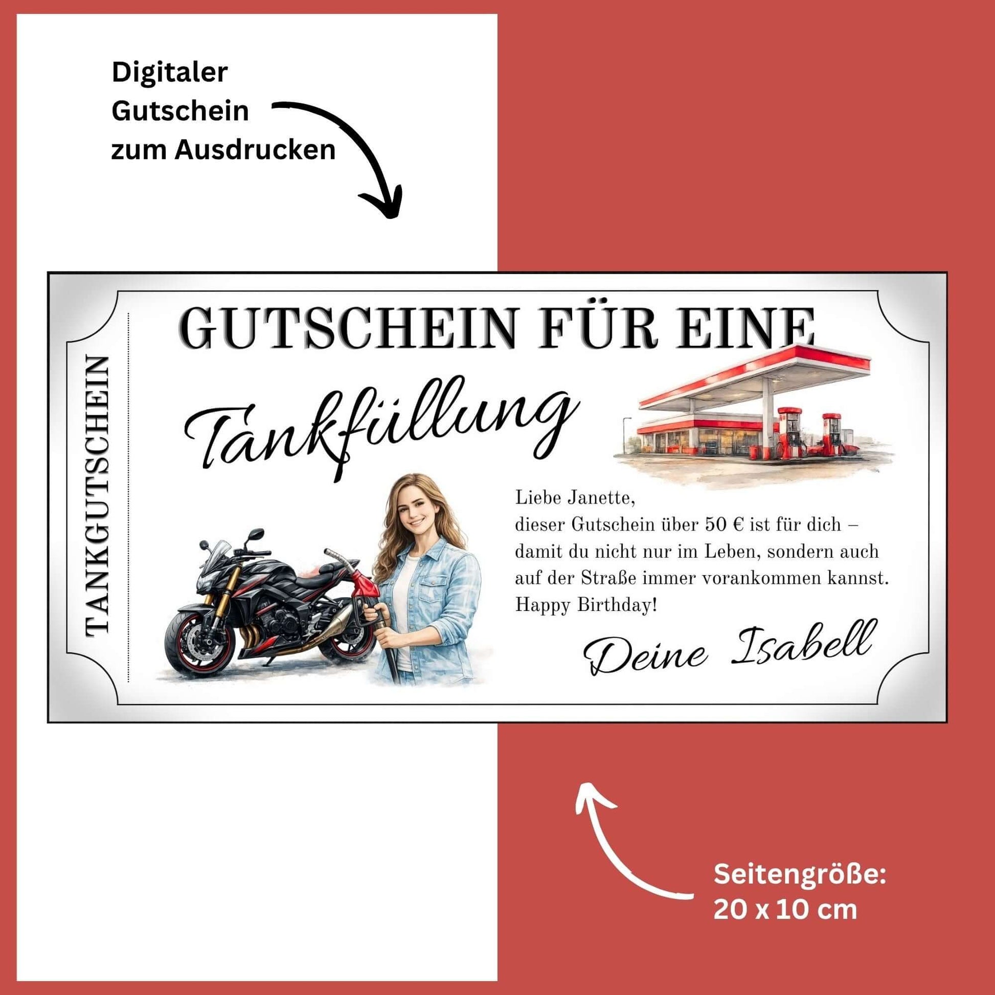 Tankgutschein für Frauen, digitaler Gutschein für eine Tankfüllung mit Motorrad und junger Frau.