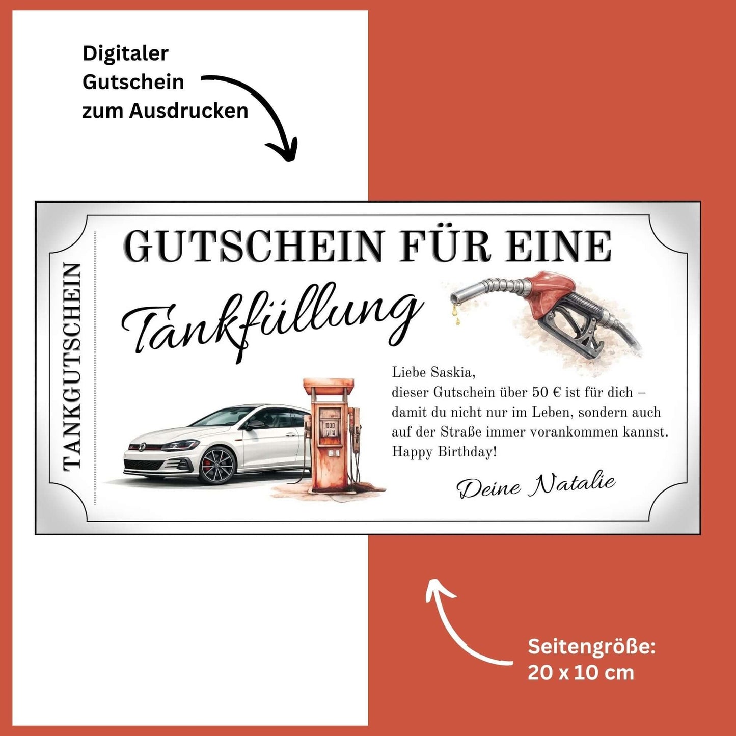 Tankgutschein für eine Tankfüllung mit VW Golf und Zapfsäule, ideal für Autofahrer.