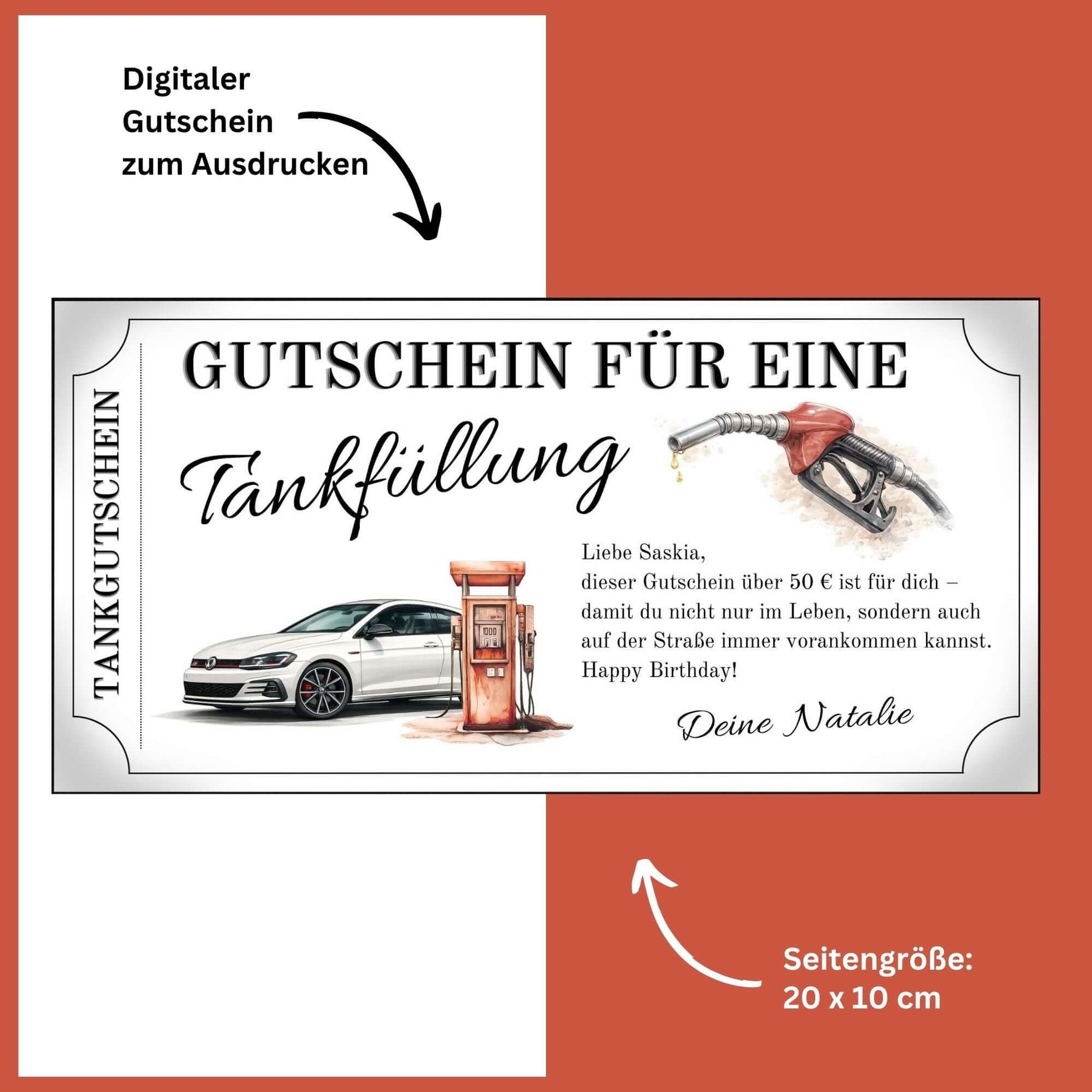 Tankgutschein für eine Tankfüllung mit VW Golf und Zapfsäule, ideal für Autofahrer.