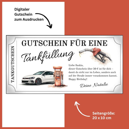 Tankgutschein für eine Tankfüllung mit VW Golf und Zapfsäule, ideal für Autofahrer.