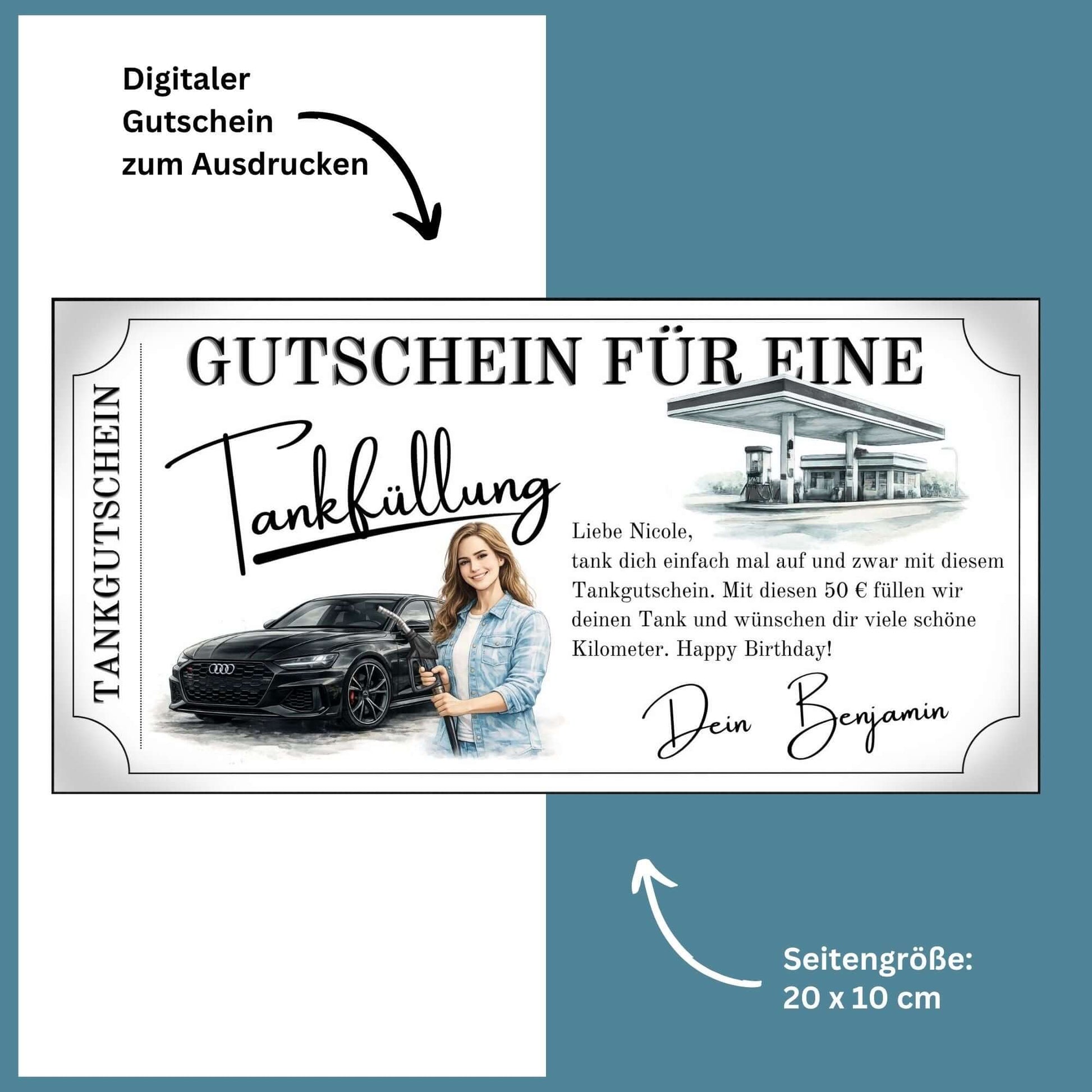 Tankgutschein für eine Tankfüllung mit stilvollem Design und persönlicher Note für Autofahrerinnen