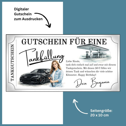 Tankgutschein für eine Tankfüllung mit stilvollem Design und persönlicher Note für Autofahrerinnen