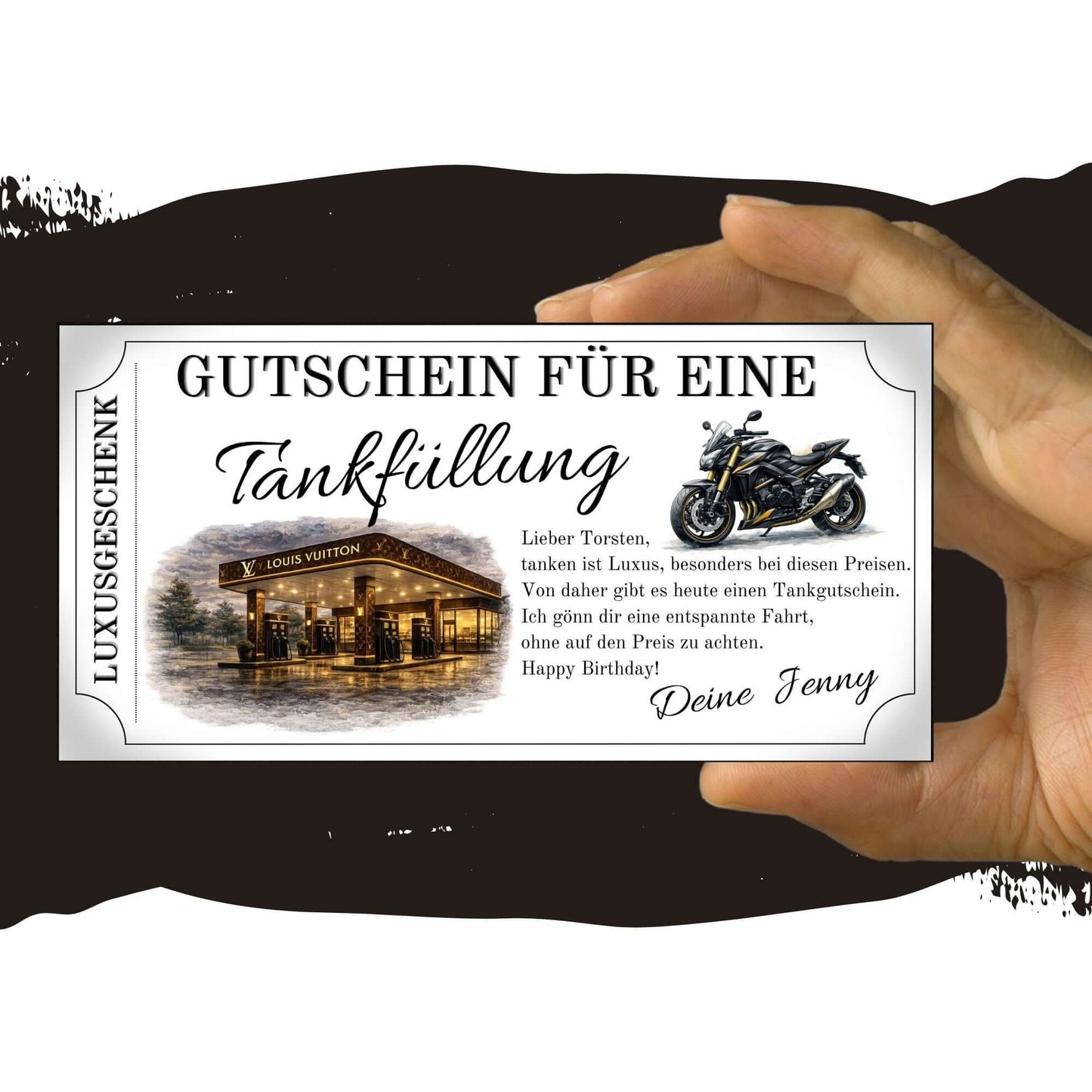 Tankgutschein für eine Tankfüllung von Louis Vuitton, Luxusgeschenk für Biker mit Motorrad-Design.