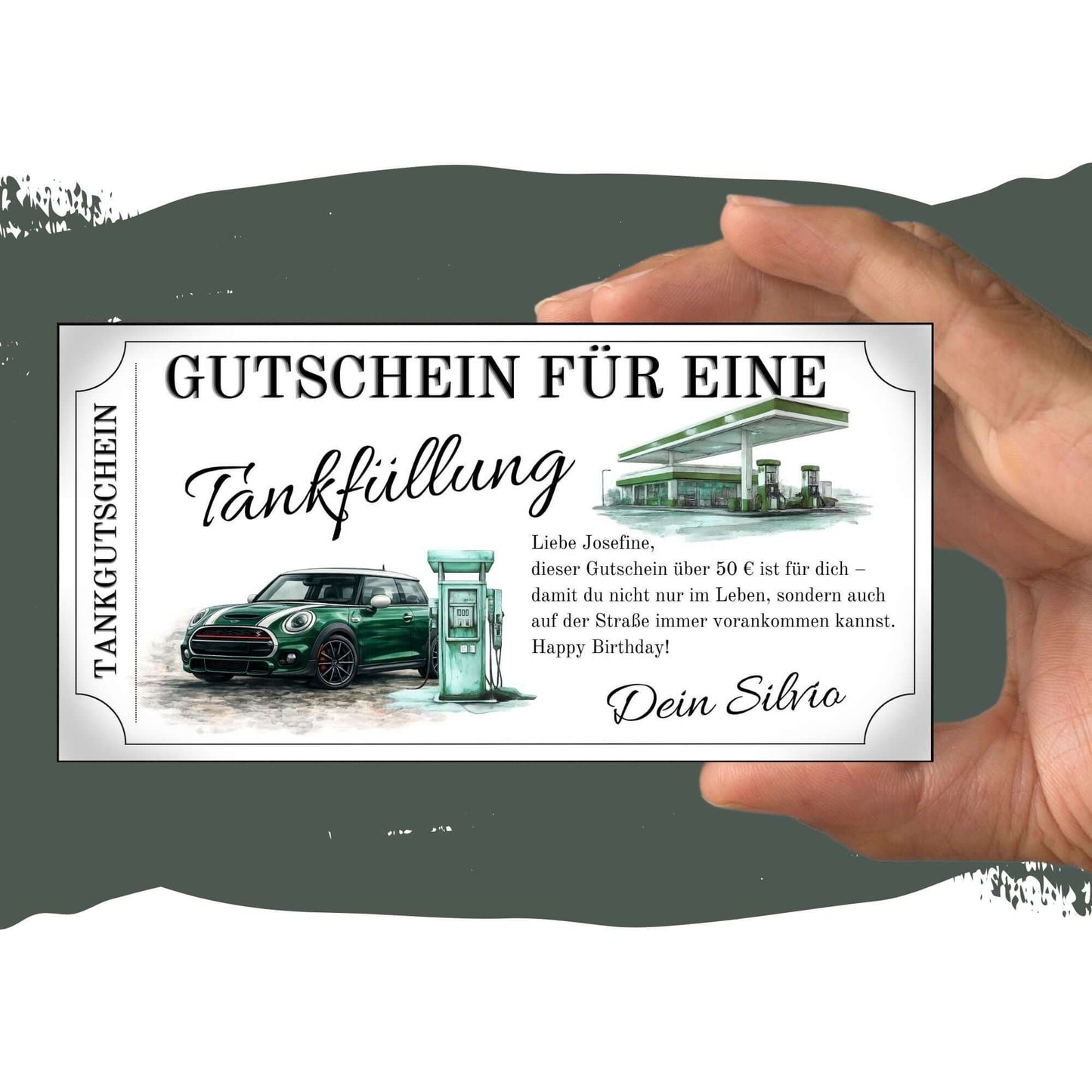 Tankgutschein für eine Tankfüllung mit MINI Cooper Motiv, ideal für MINI-Fans und als Geburtstagsgeschenk.
