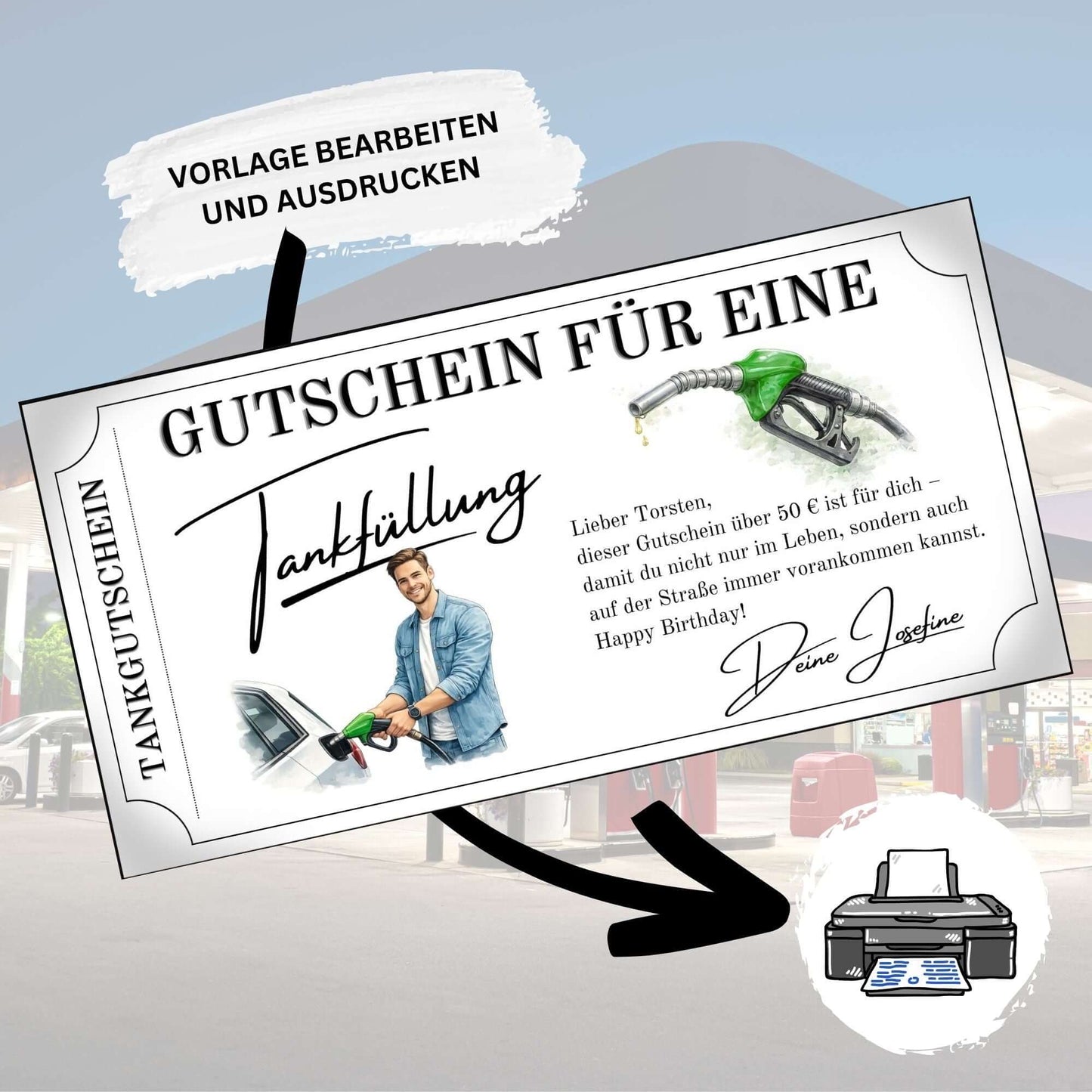 Tankgutschein Geburtstag – Gutschein für eine Tankfüllung, personalisiert und zum Ausdrucken.