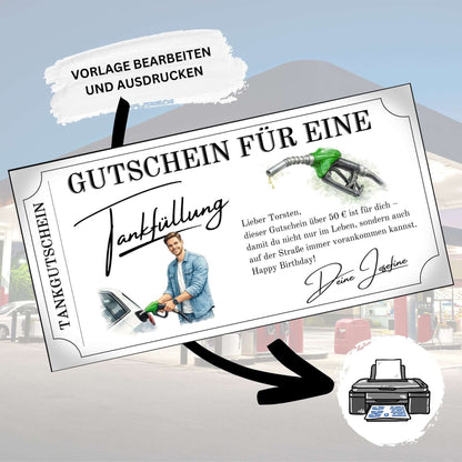 Tankgutschein Geburtstag – Gutschein für eine Tankfüllung, personalisiert und zum Ausdrucken.