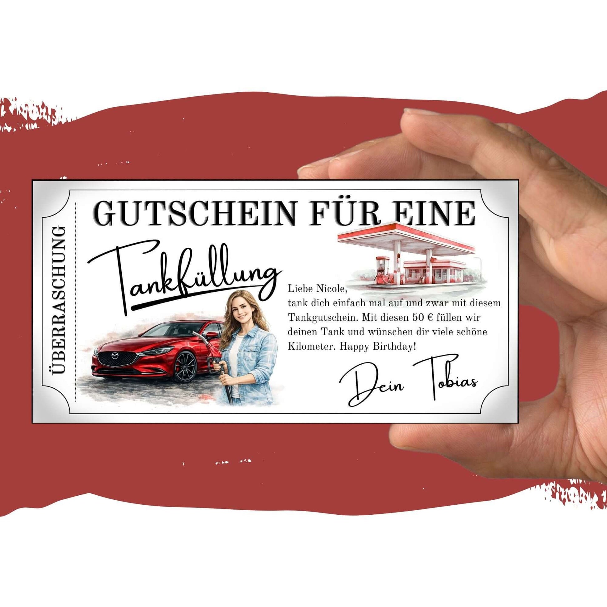 Tankgutschein Überraschung – druckbarer Gutschein für eine Tankfüllung in Rot, ideal als persönliches Geschenk.