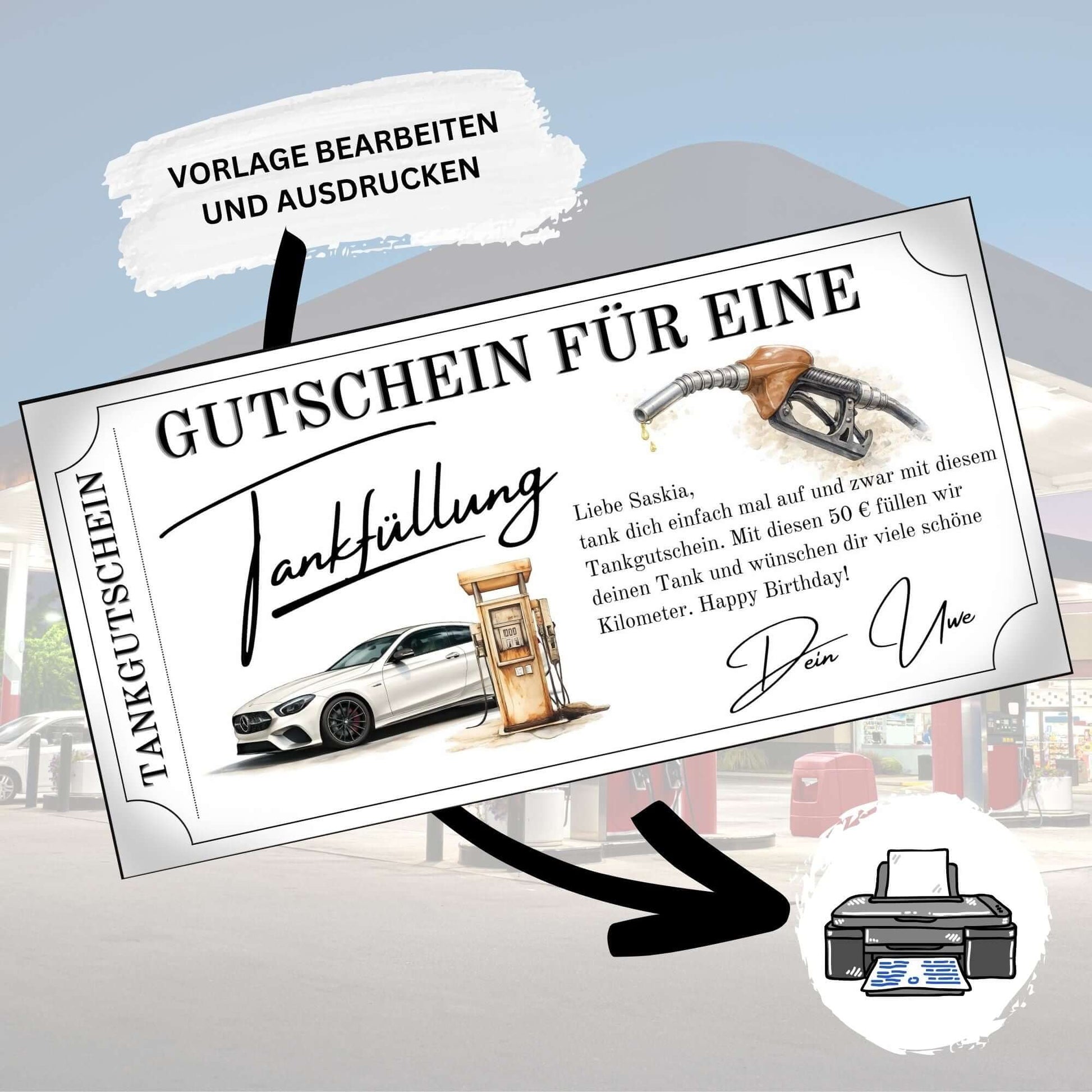 Tankgutschein für eine Tankfüllung mit eleganter Schrift und Auto-Motiv, druckbar und personalisierbar.