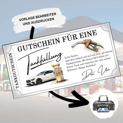 Tankgutschein für eine Tankfüllung mit eleganter Schrift und Auto-Motiv, druckbar und personalisierbar.