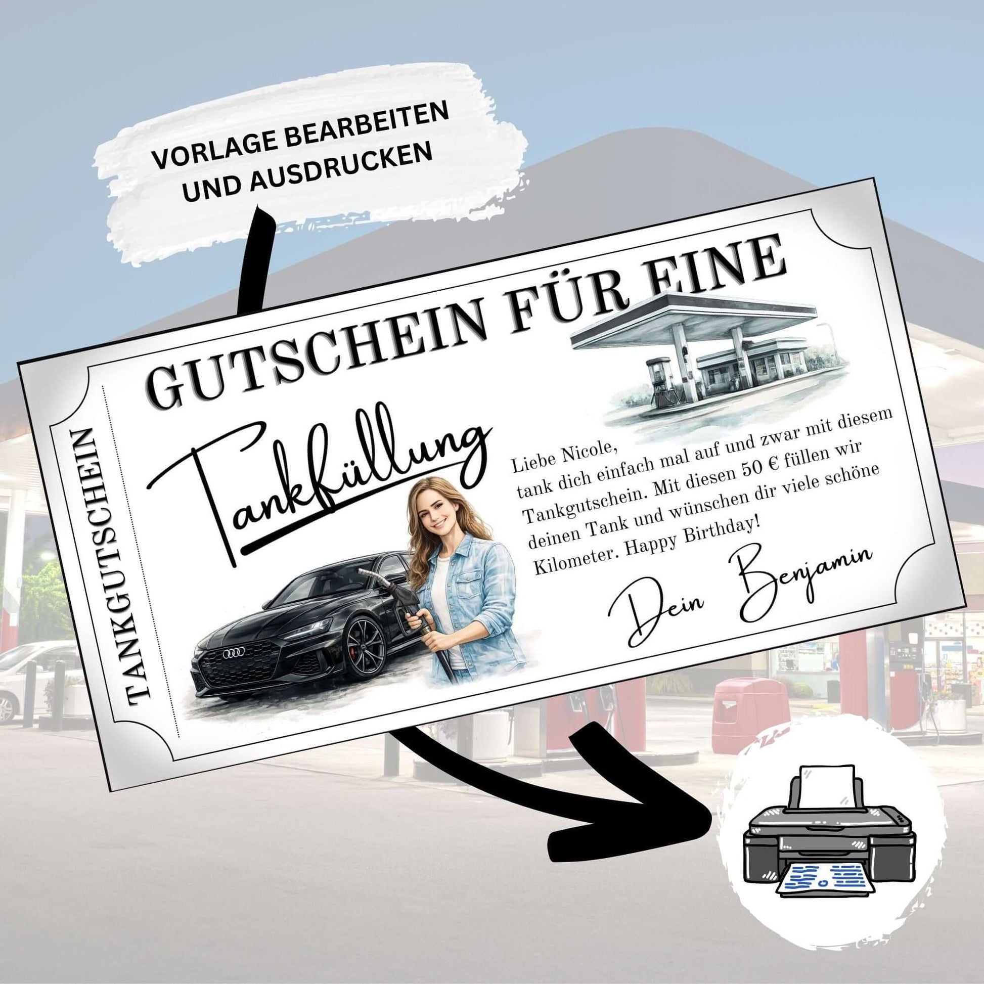 Tankgutschein für Frau Audi als persönliches Geschenk zum Geburtstag mit stilvollem Design.