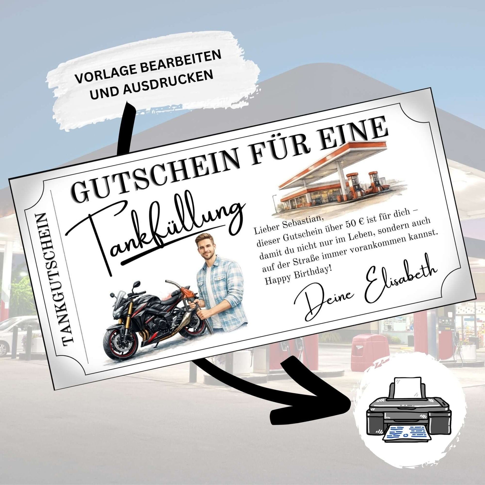 Tankgutschein Motorrad für einen Biker, personalisierbar, ideal als Geschenk für Biker und Männer zum Geburtstag.