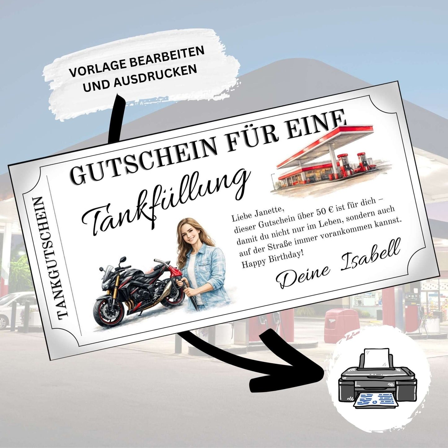 Tankgutschein für Frauen mit Motorradmotiv und Glückwunschtext für Bikerinnen, ideales Geschenk für Motorradfahrerinnen