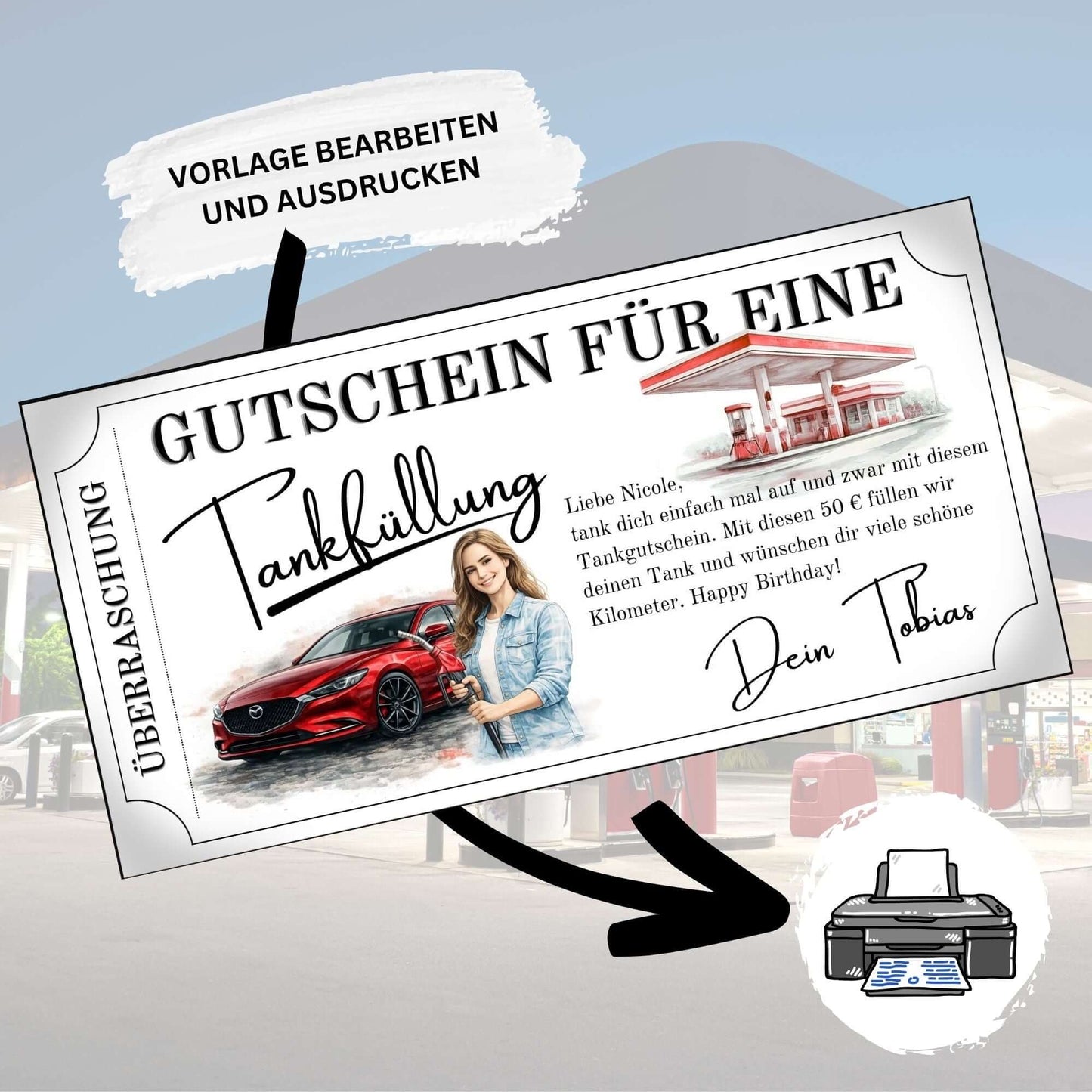 Tankgutschein als Überraschung mit rotem Auto und Drucker, sofort zum Ausdrucken.