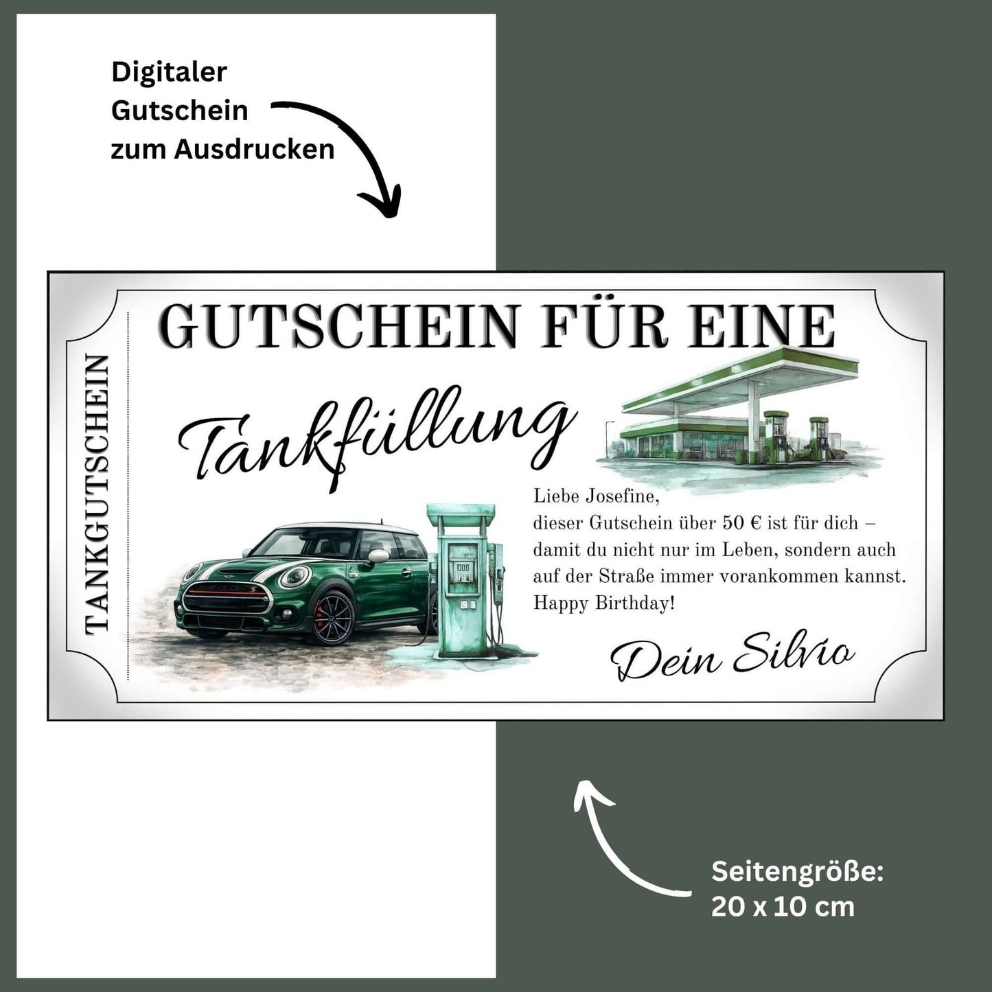 Tankgutschein für MINI Cooper mit Grafik von Auto und Tankstellenmotiv, perfekt für MINI-Fans.