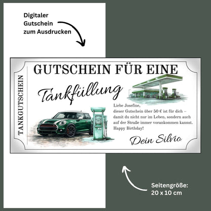 Tankgutschein für MINI Cooper mit Grafik von Auto und Tankstellenmotiv, perfekt für MINI-Fans.