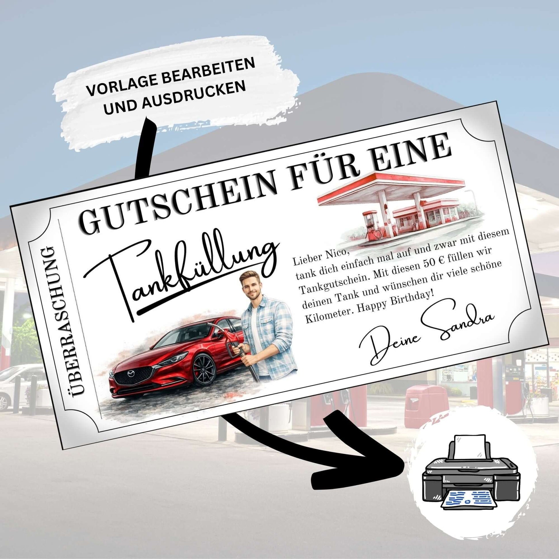 Tankgutschein für eine Tankfüllung mit rotem Mazda, Überraschung für Männer, druckbare Vorlage.