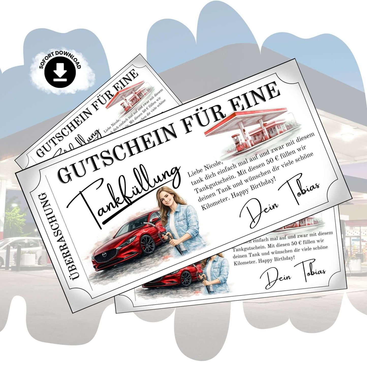 Tankgutschein als druckbarer Gutschein für eine Tankfüllung, personalisiert und in elegantem Design.