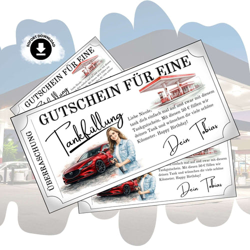 Tankgutschein als druckbarer Gutschein für eine Tankfüllung, personalisiert und in elegantem Design.
