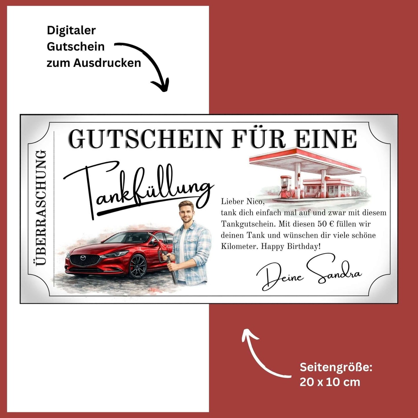 Tankgutschein für Männer – digitaler Gutschein mit rotem Mazda, druckbar und personalisiert