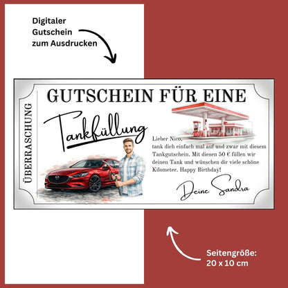 Tankgutschein für Männer – digitaler Gutschein mit rotem Mazda, druckbar und personalisiert
