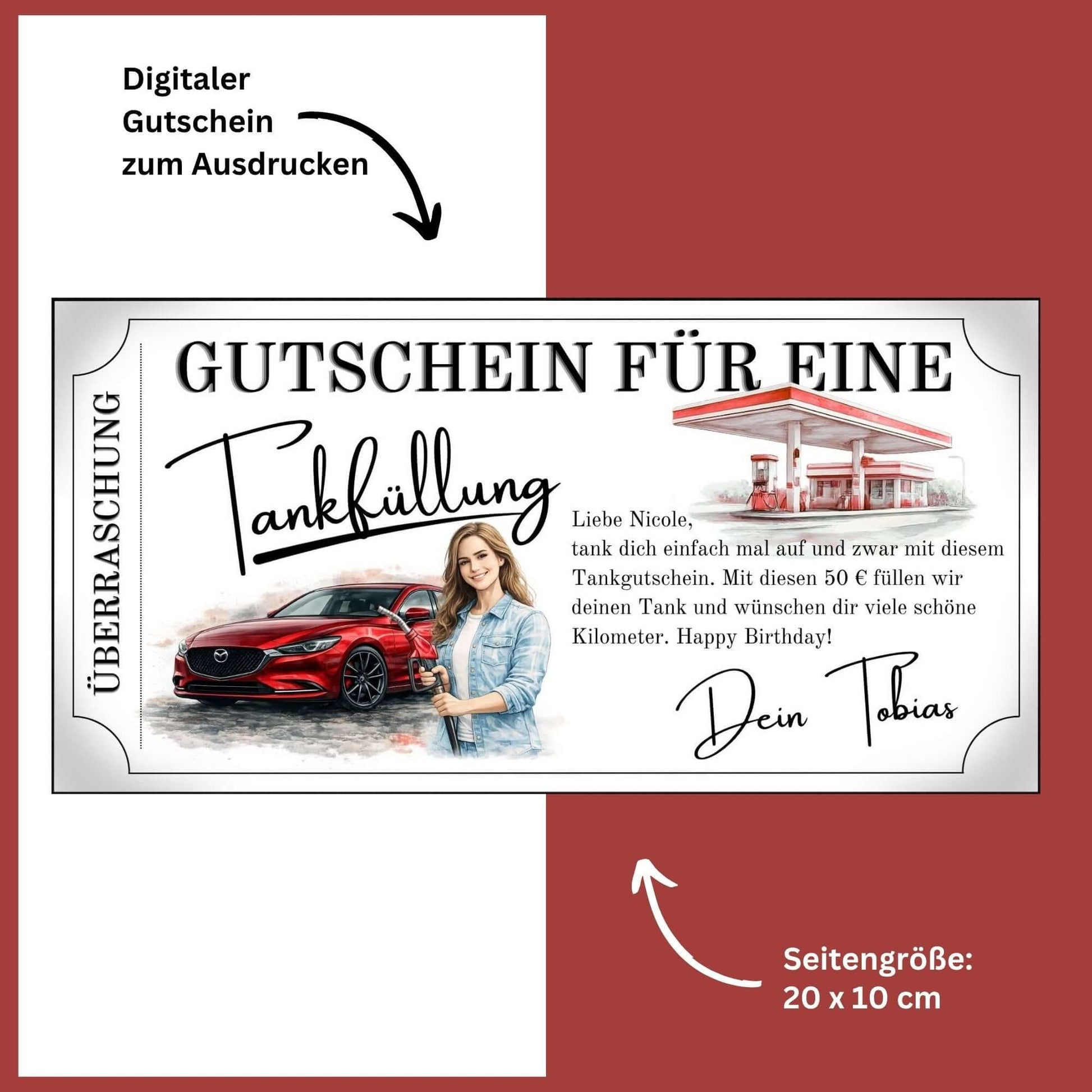 Tankgutschein als digitaler Gutschein zum Ausdrucken, personalisiert und in Rot, ideal als Überraschung.