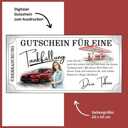 Tankgutschein als digitaler Gutschein zum Ausdrucken, personalisiert und in Rot, ideal als Überraschung.