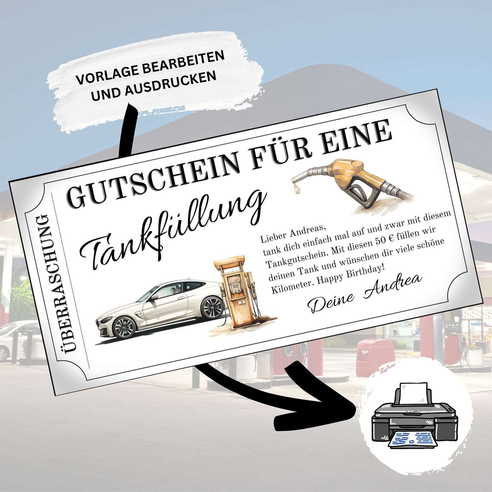 Tankgutschein für eine Tankfüllung mit Auto und Zapfsäule auf Zertifikat, personalisierbares Geschenk für Autofahrer.
