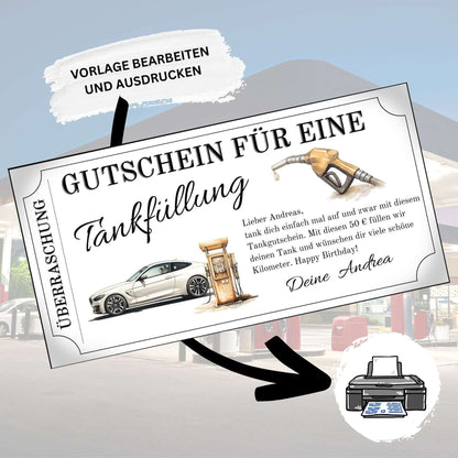 Tankgutschein für eine Tankfüllung mit Auto und Zapfsäule auf Zertifikat, personalisierbares Geschenk für Autofahrer.