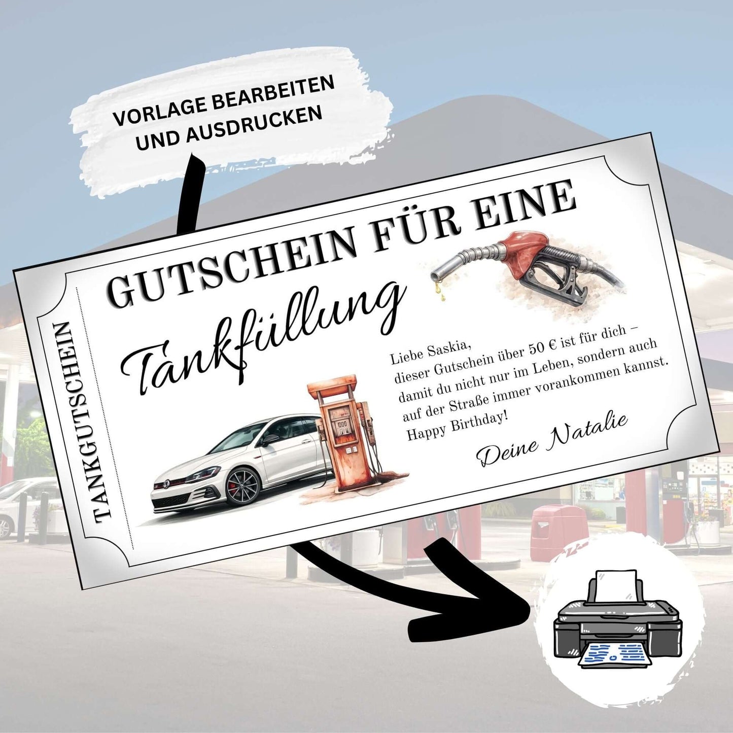 Tankgutschein für eine Tankfüllung mit VW Golf Motiv und einem Graffiti-Tankstelle im Hintergrund.